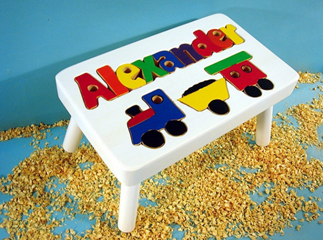 Classic White Wooden Train Name Puzzle Step Stool