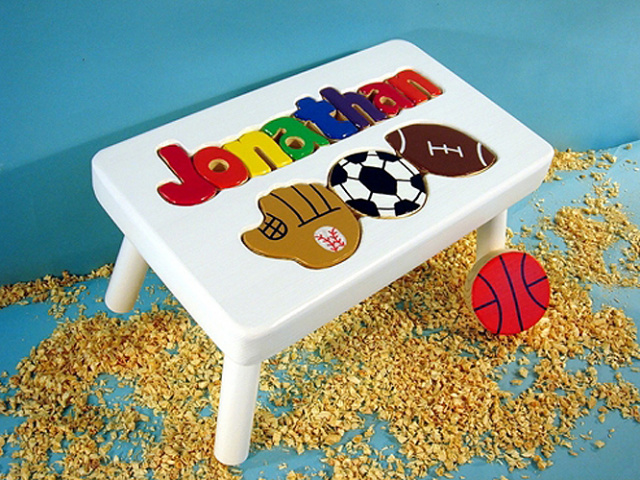 Classic White Wooden Sports Name Puzzle Step Stool
