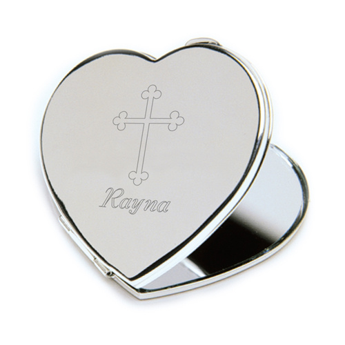 Personalized Inspirational Heart Compact Mirror Engraved Cross