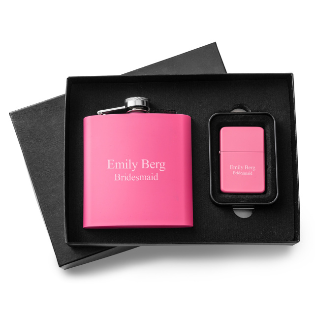 Personalized Pink Matte Flask - Lighter Gift Set